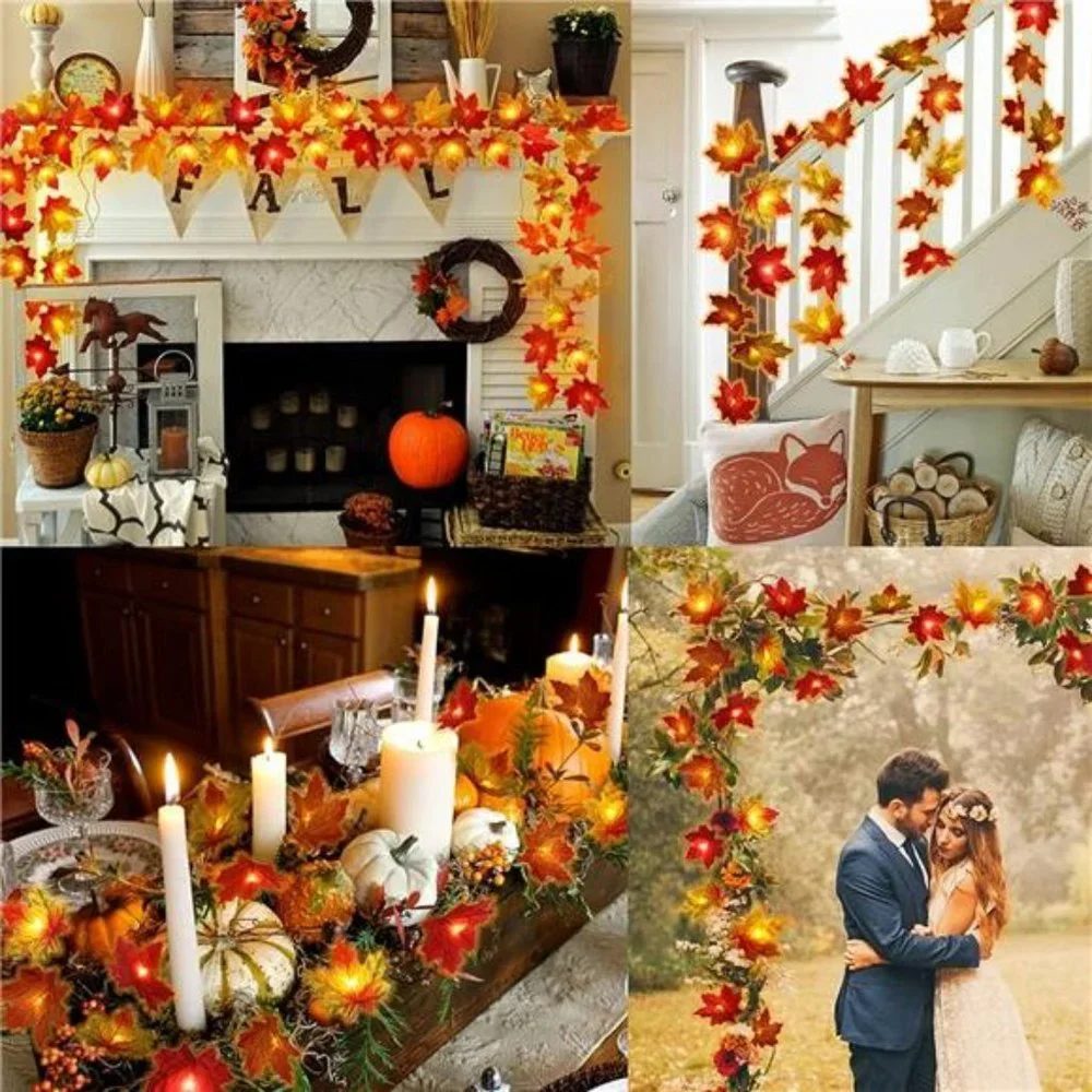 2 Pack Fall Decorations Maple Leaf Lights Garland Multicolored, 20Ft 40LED